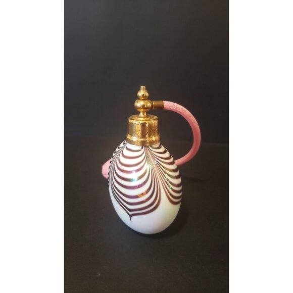 Vintage Iridescent White Atomizer: Purple Feather Design Vanity Decor - Picture 3 of 10